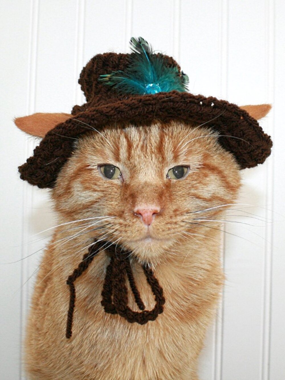 HAND CRAFTED Crochet Cowboy Cat Hat Brown Costume Pet Supply Photo Prop